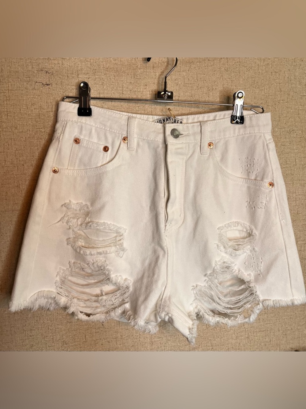 Signature8 White Distressed High-Rise Denim Shorts